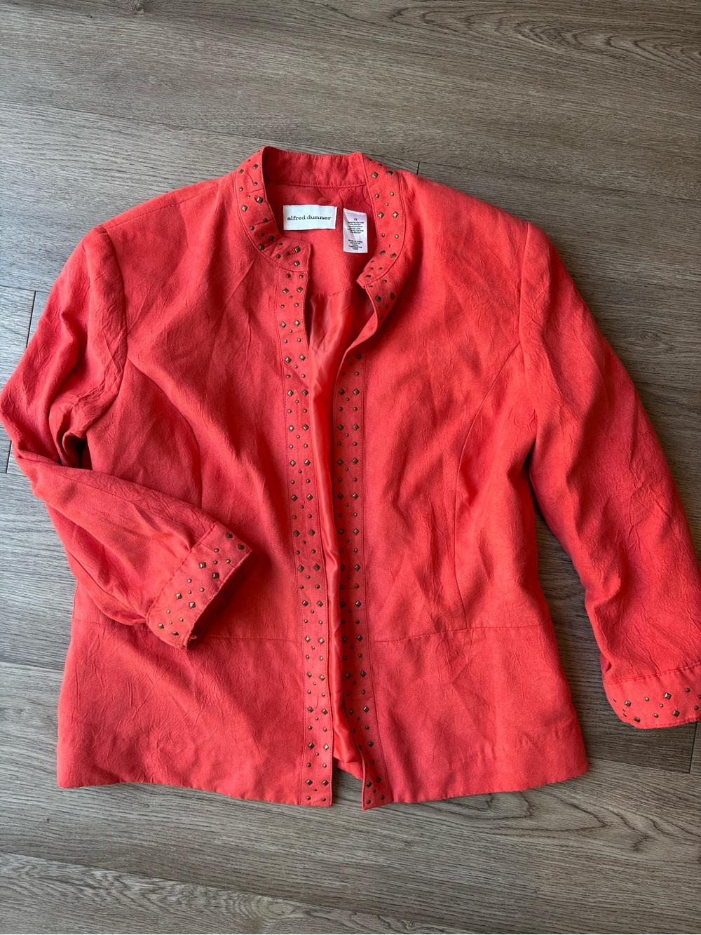 Alfred Dunner Lighweight faux suede Coral open-front Studded 3/4 Sleeve jacket